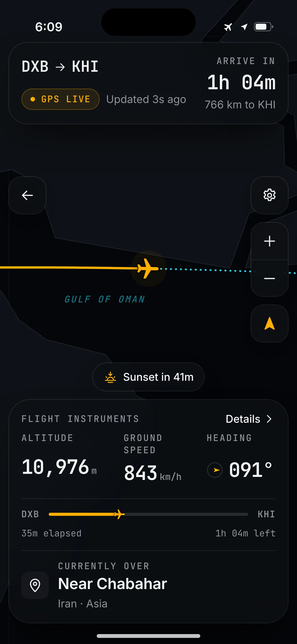 SkyDot on iPhone in airplane mode: a live GPS flight map from Dubai to Karachi with altitude, speed and heading.